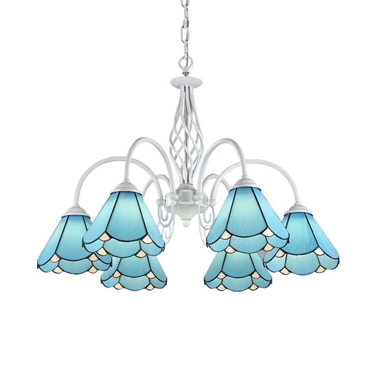 Mediterranean Blue Conical Glass Chandelier With White Arched Arm - Handcrafted Hanging Ceiling
