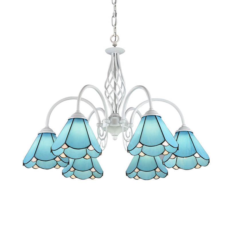Handcrafted Mediterranean Blue Glass Chandelier With White Arched Arm - Conical Hanging Ceiling