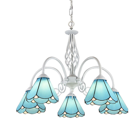 Mediterranean Blue Conical Glass Chandelier With White Arched Arm - Handcrafted Hanging Ceiling