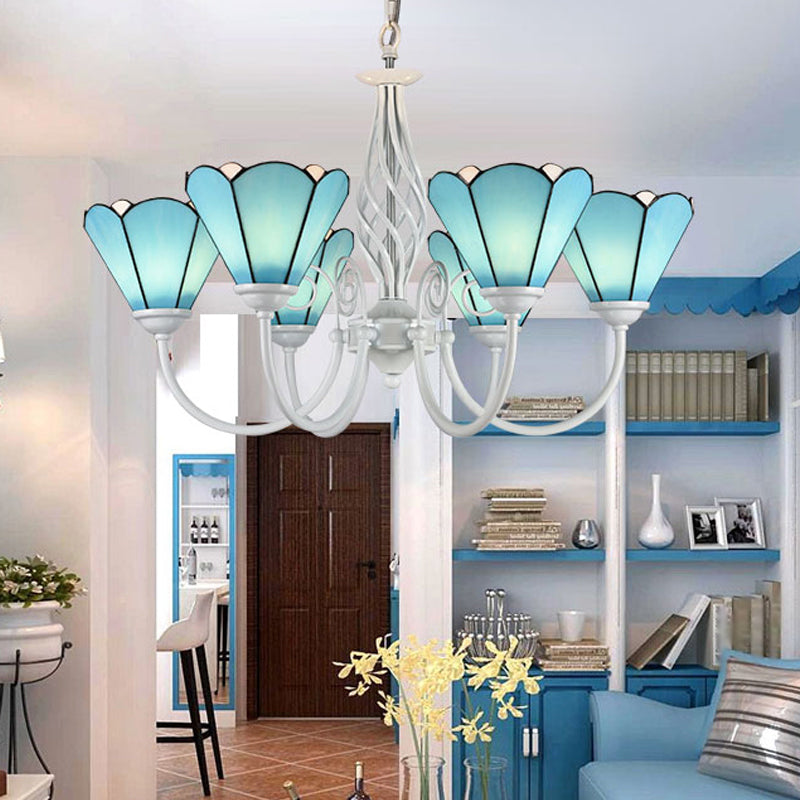 Handcrafted Mediterranean Blue Glass Chandelier With White Arched Arm - Conical Hanging Ceiling