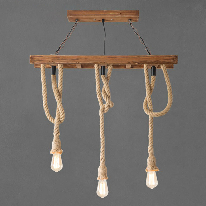 Rustic Brown Naked Bulb Pendant Light - Restaurant Suspension Lamp With Rope Fixture