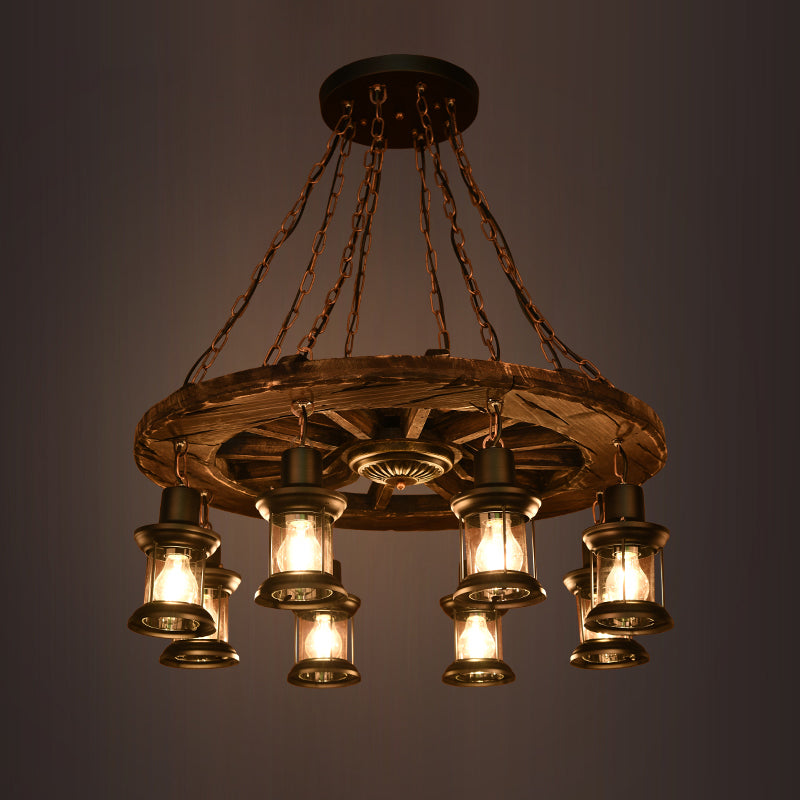 Nautical 8-Bulb Wooden Wagon Wheel Chandelier With Lantern: Dining Room Pendant Light In Brown