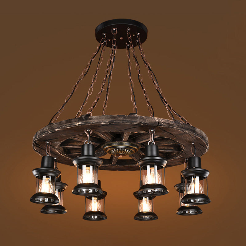 Nautical 8-Bulb Wooden Wagon Wheel Chandelier With Lantern: Dining Room Pendant Light In Brown