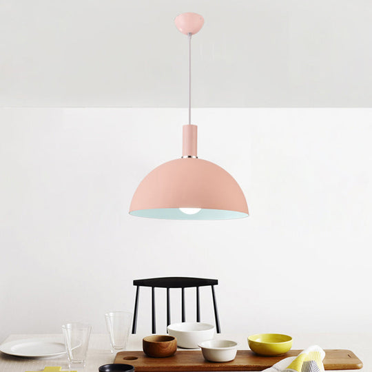 Nordic 1-Head Aluminum Hemisphere Pendant Light With Inner Pendulum - Pink And White Ideal For