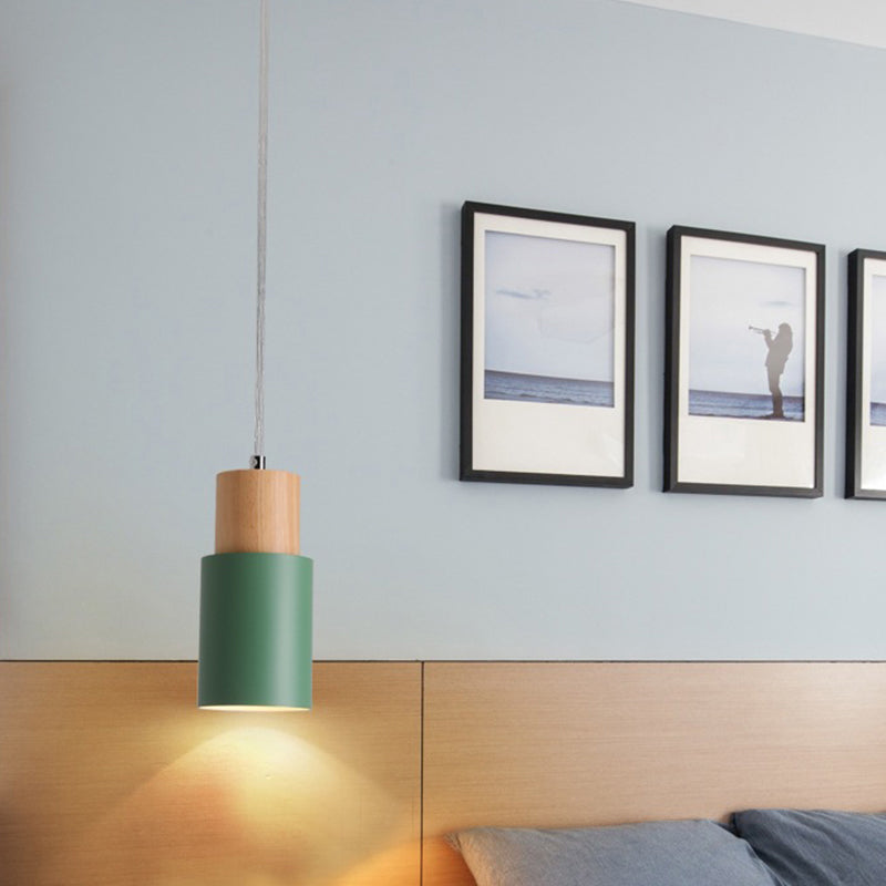 Modern Tubular Pendant Spotlight: Metal 1-Light Bedside Hanging Lamp With Wooden Top