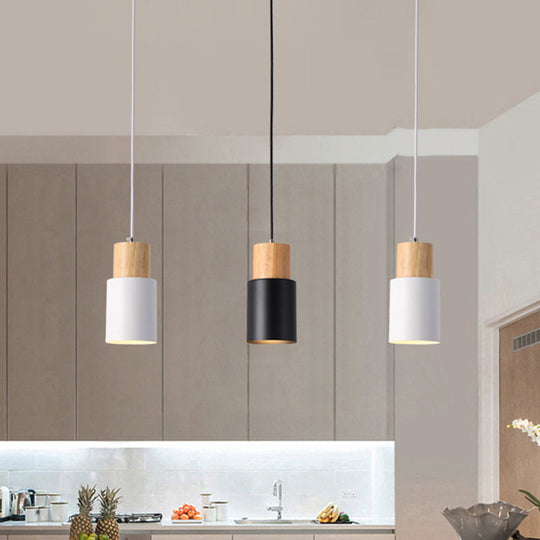 Modern Tubular Pendant Spotlight: Metal 1-Light Bedside Hanging Lamp With Wooden Top