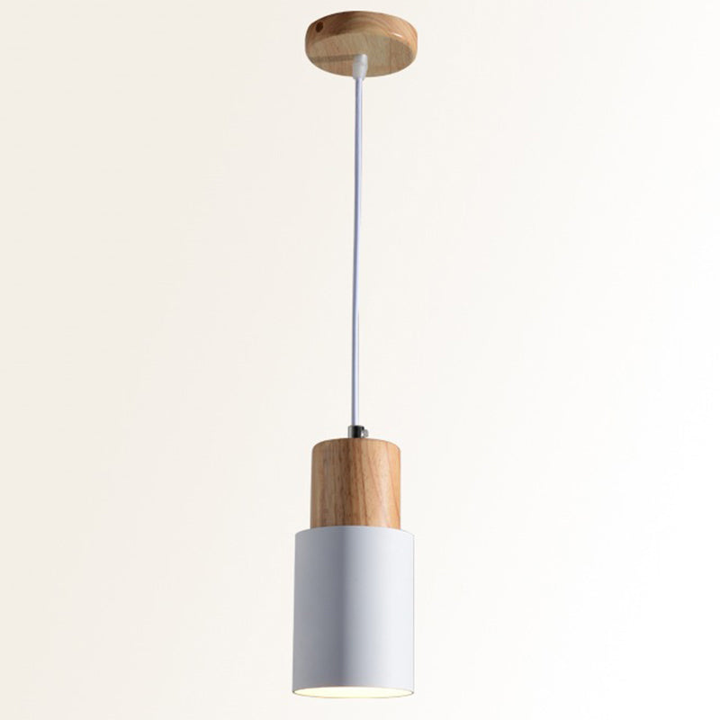 Modern Tubular Pendant Spotlight: Metal 1-Light Bedside Hanging Lamp With Wooden Top White