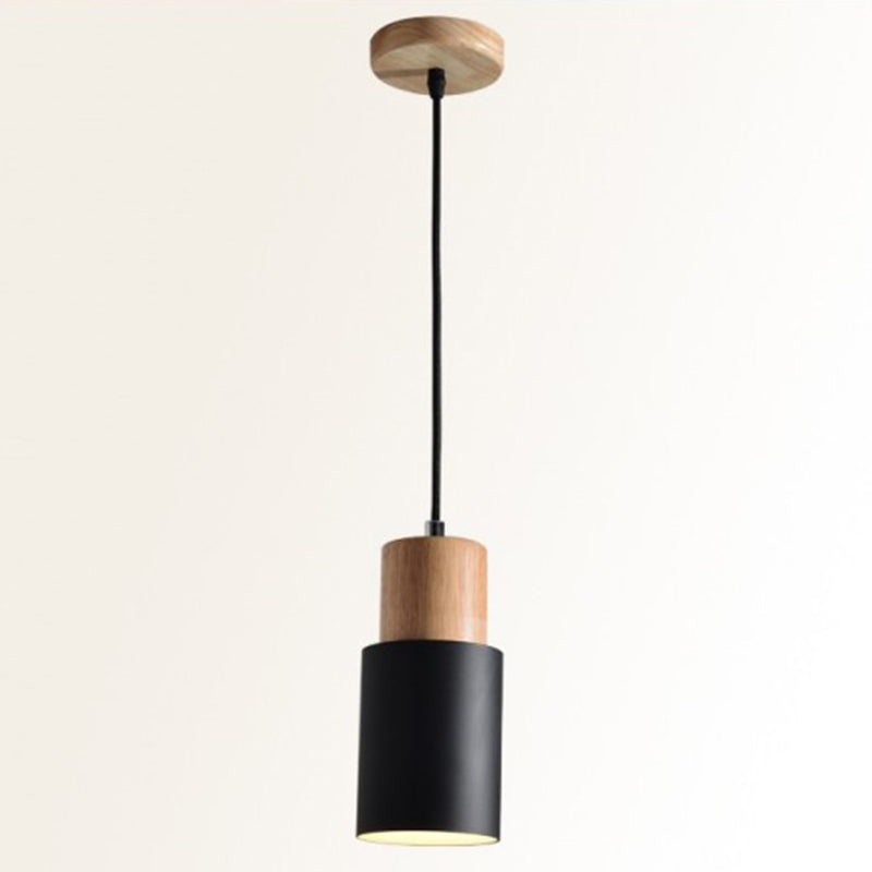Modern Tubular Pendant Spotlight: Metal 1-Light Bedside Hanging Lamp With Wooden Top Black