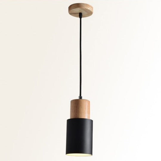 Modern Tubular Pendant Spotlight: Metal 1-Light Bedside Hanging Lamp With Wooden Top Black