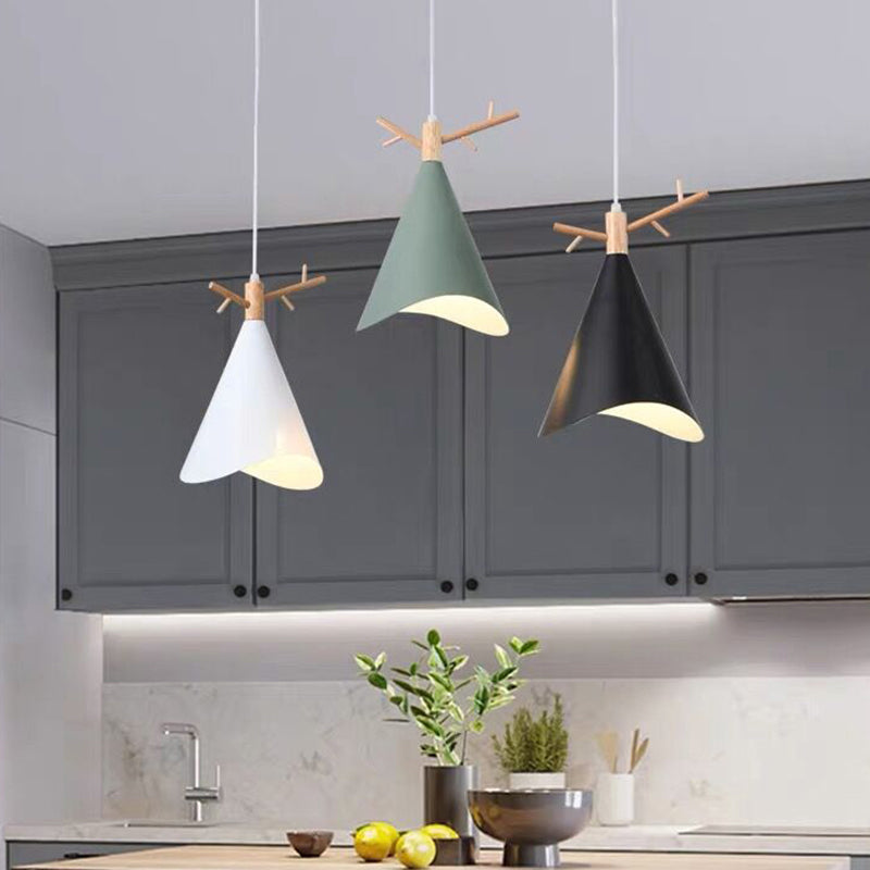 Nordic Metal Conical Multi-Ceiling Light With 3 Bulbs - White-Wood Drop Pendant Wavy Edge And Antler