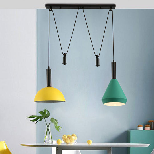 Modern Geometric Pendant Lamp With Pulley - Nordic Aluminum 2 Lights Ideal For Restaurants