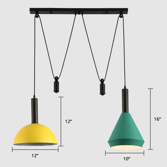 Modern Geometric Pendant Lamp With Pulley - Nordic Aluminum 2 Lights Ideal For Restaurants Yellow