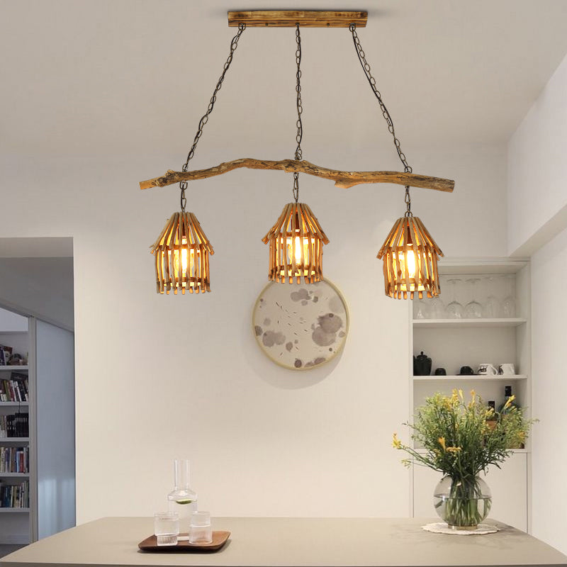 Nordic Style Wooden House Pendant Light With 3 Heads - Ideal For Dining Room