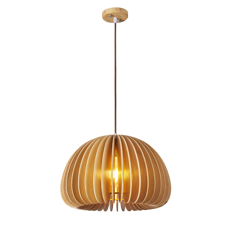 Asian Wooden Slat Hanging Lamp: Hemispherical Ceiling Light In Beige - 1 Bulb Restaurant Lighting
