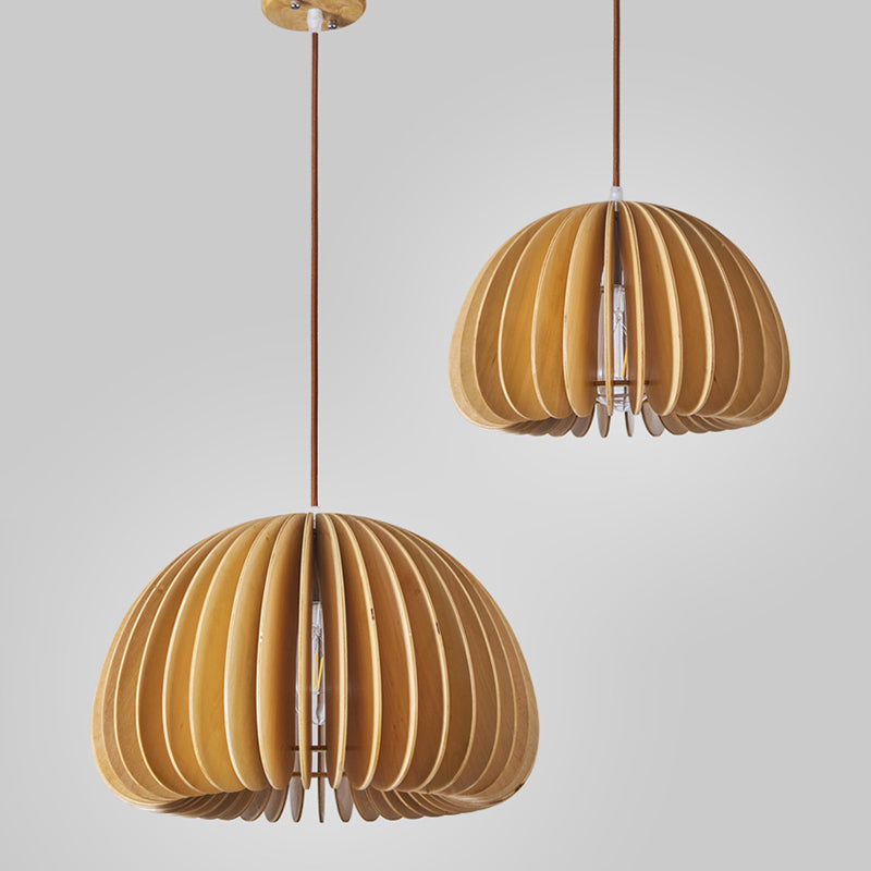 Asian Wooden Slat Hanging Lamp: Hemispherical Ceiling Light In Beige - 1 Bulb Restaurant Lighting