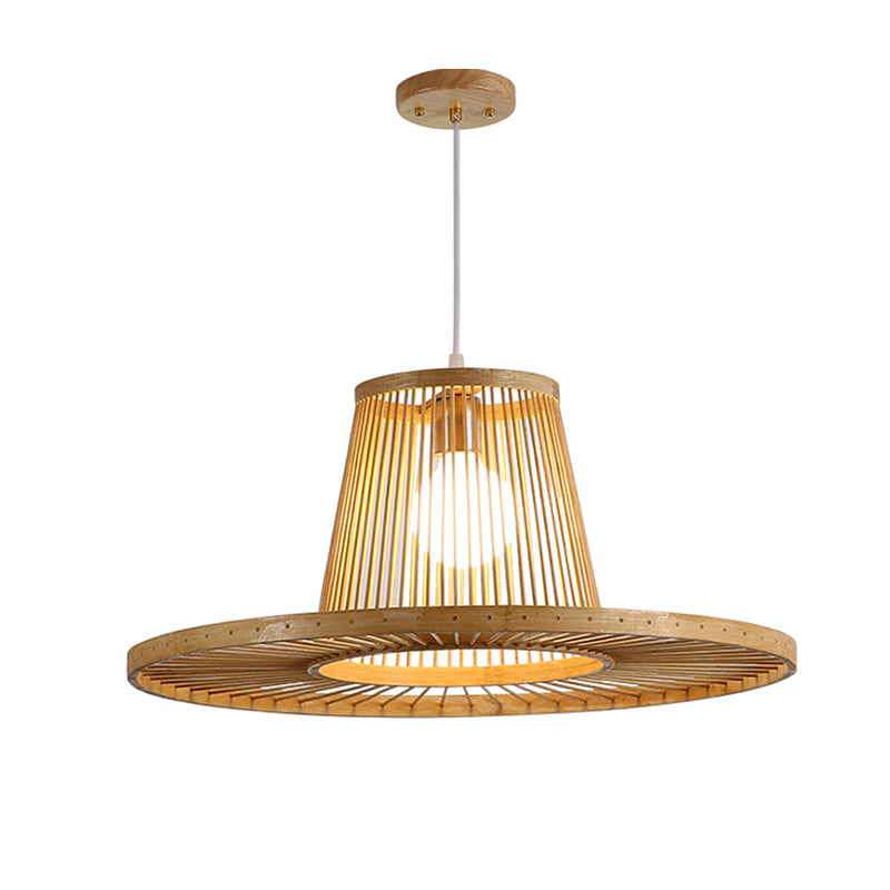 Modern Bamboo Hat Pendant Light - Beige Dining Room Pendulum 1 Head