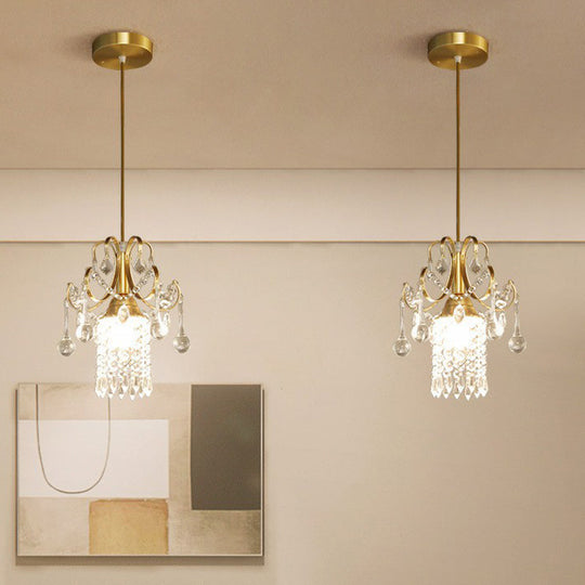 Gold Crystal Fringe Pendant Light - Traditional 1-Light Suspension For Dining Room