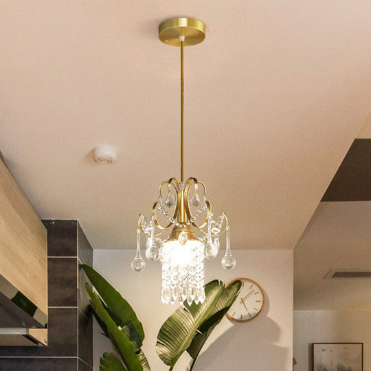 Gold Crystal Fringe Pendant Light - Traditional 1-Light Suspension For Dining Room