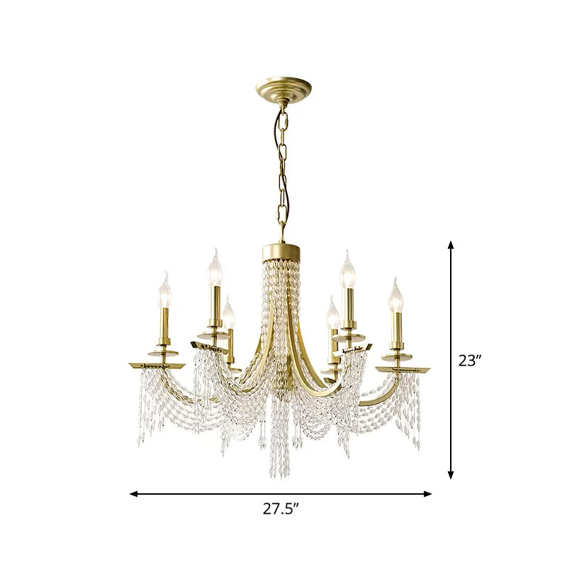 Gold Baroque Candle Chandelier - 6-Bulb Metal Suspension Lighting With Crystal Chain