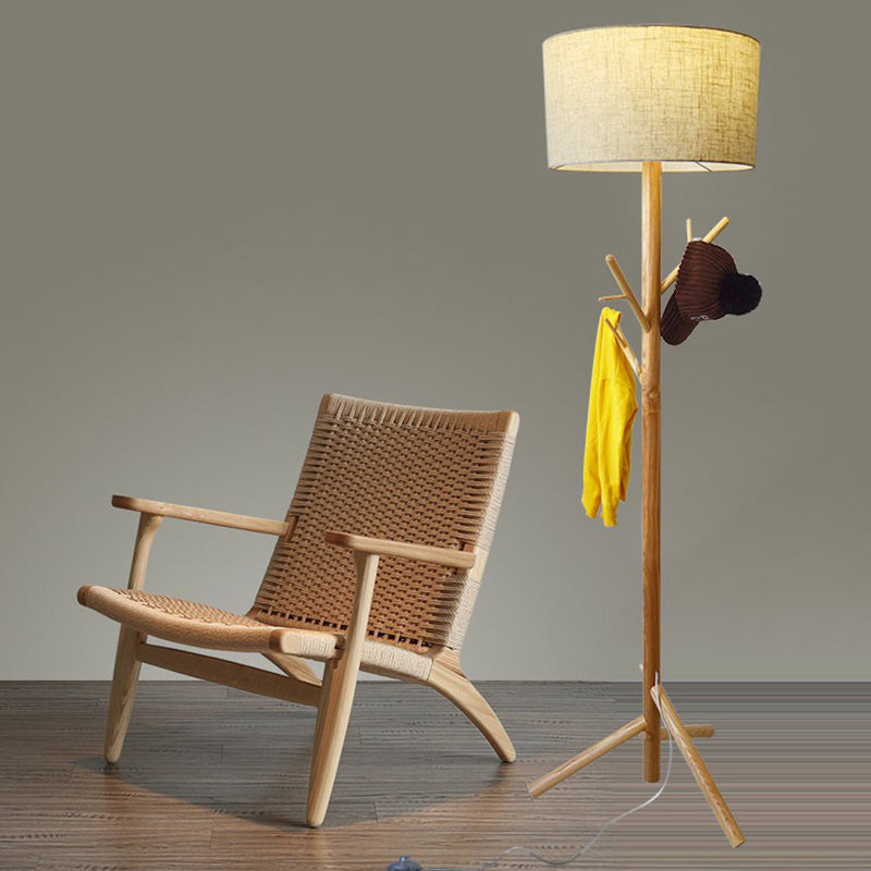 Minimalist Flaxen Drum Stand Up Lamp - Wooden Tripod 1-Light Fabric Floor Light With Coat Rack
