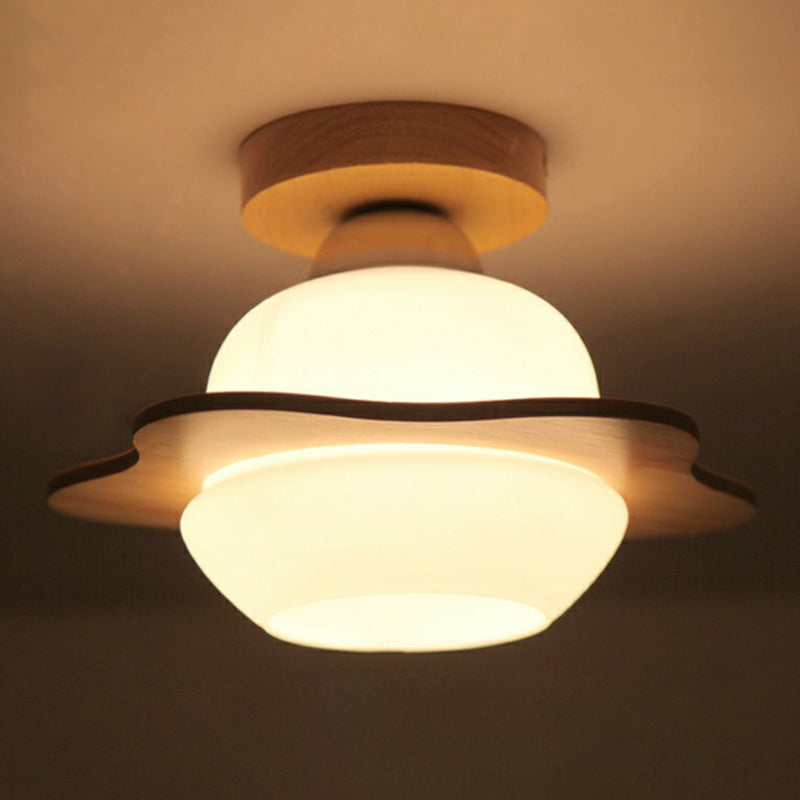 Nordic Wood Semi Flush Mount Ceiling Fixture: Cream Glass Flower Corridor Lighting With 1 - Light