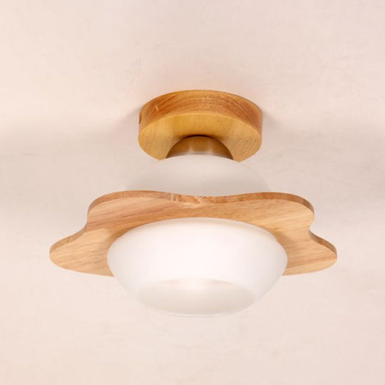 Nordic Wood Semi Flush Mount Ceiling Fixture: Cream Glass Flower Corridor Lighting With 1 - Light