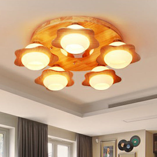 Modern Wood Flushmount Ceiling Light With Ivory Glass Shade And 5 Lights For Bedroom