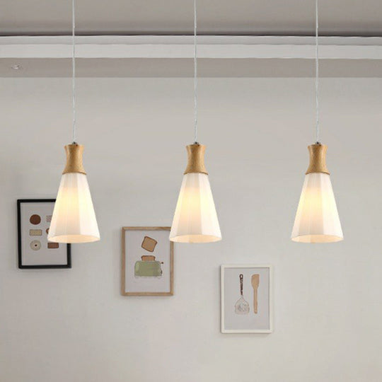 Nordic Opal Frosted Glass 3-Bulb Conical Ceiling Light Pendant With Wood Accents - Ideal For Dining