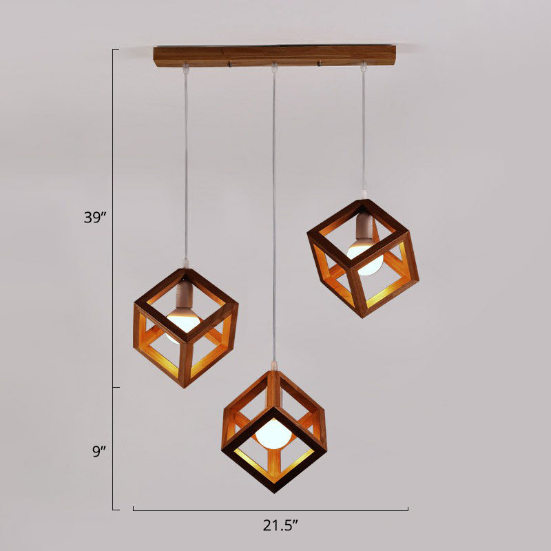 Contemporary Wood Cube Cluster Pendant Light For Dining Room: 3-Head Suspension Brown