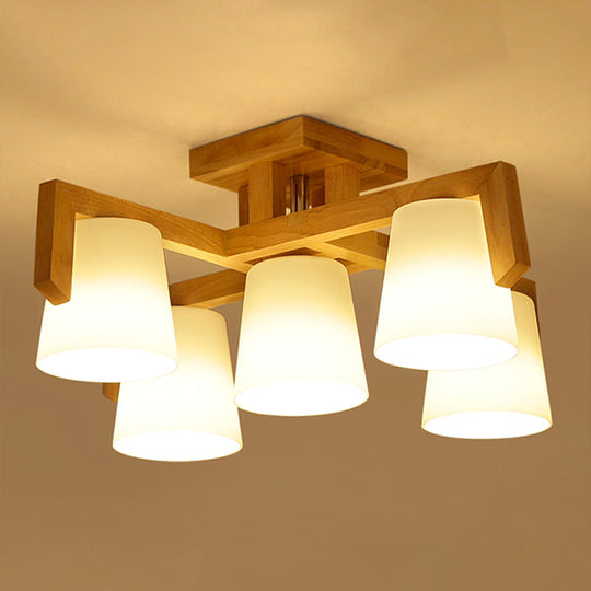 Minimalist Wood & Ivory Glass Ceiling Lamp For Bedroom