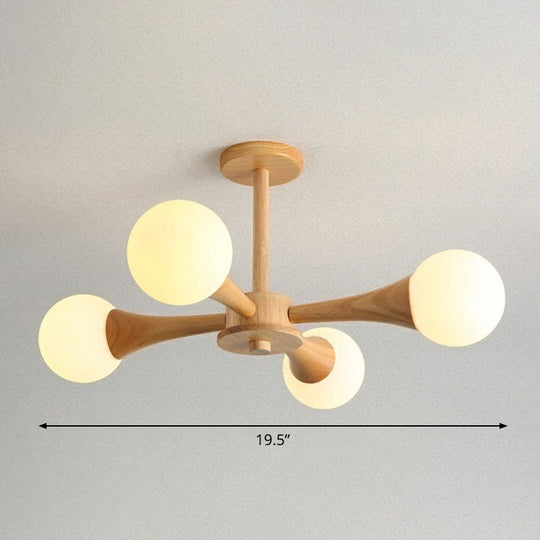 Nordic Milky Glass Burst Ball Chandelier With Wooden Arm - Bedroom Suspension Light 4 / Wood