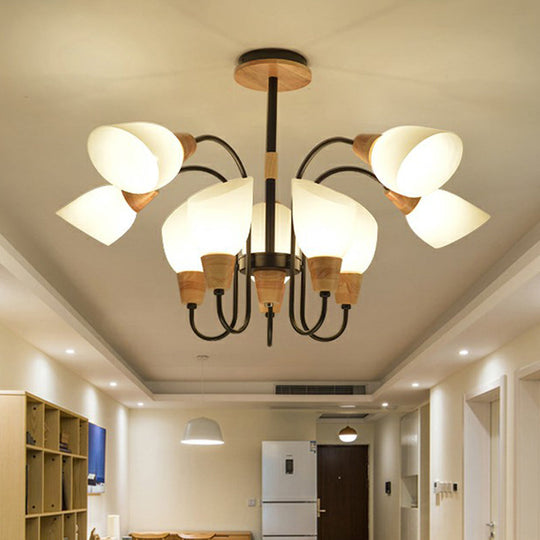 Nordic Style Tulip Chandelier With Cream Glass And Wooden Accent