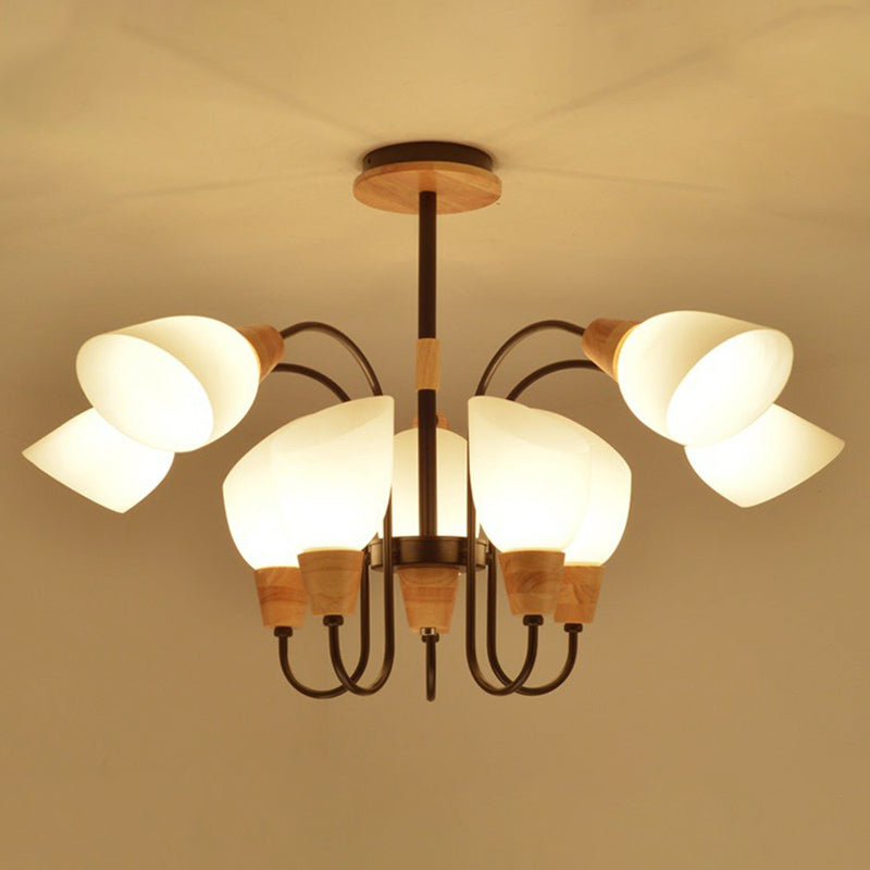 Nordic Style Tulip Chandelier With Cream Glass And Wooden Accent