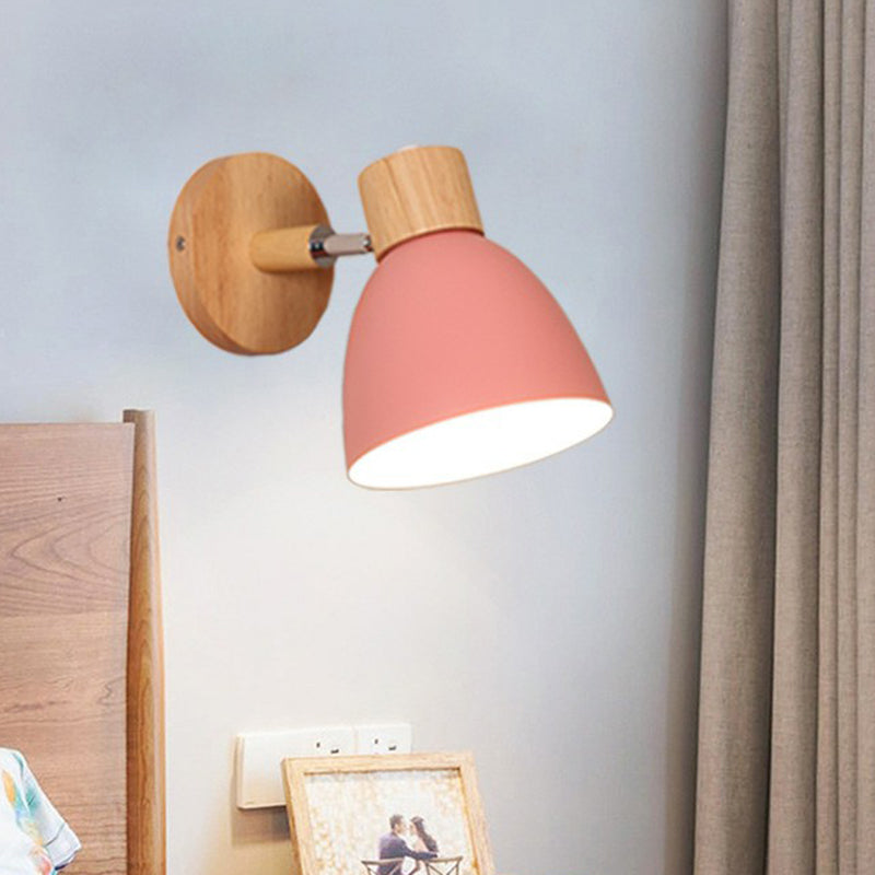 Swivel Macaron Bell Shade Wall Light With Wood Decor - Single Metal Bedroom Mount