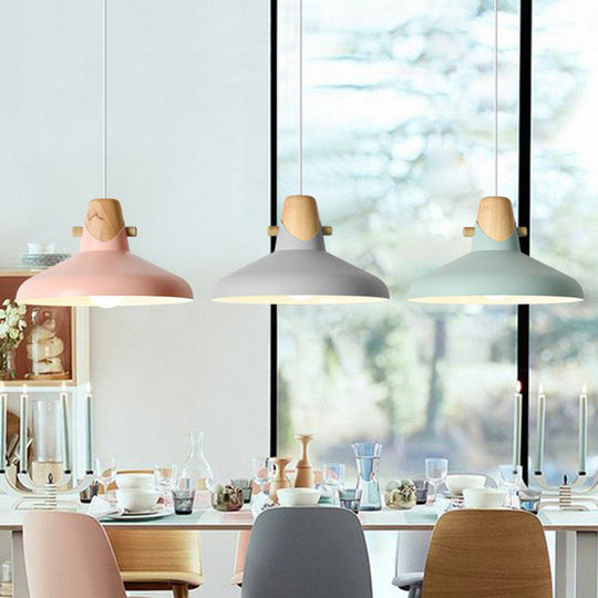 Tapered Metal Macaron Pendant Light With Wooden Decor - Restaurant Ceiling Hang Grey / 13