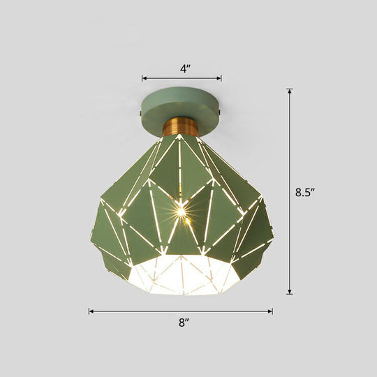 Macaron Iron Ceiling Light: Laser-Cut Diamond Shape Semi Flush Mount 1 Head For Corridors Green
