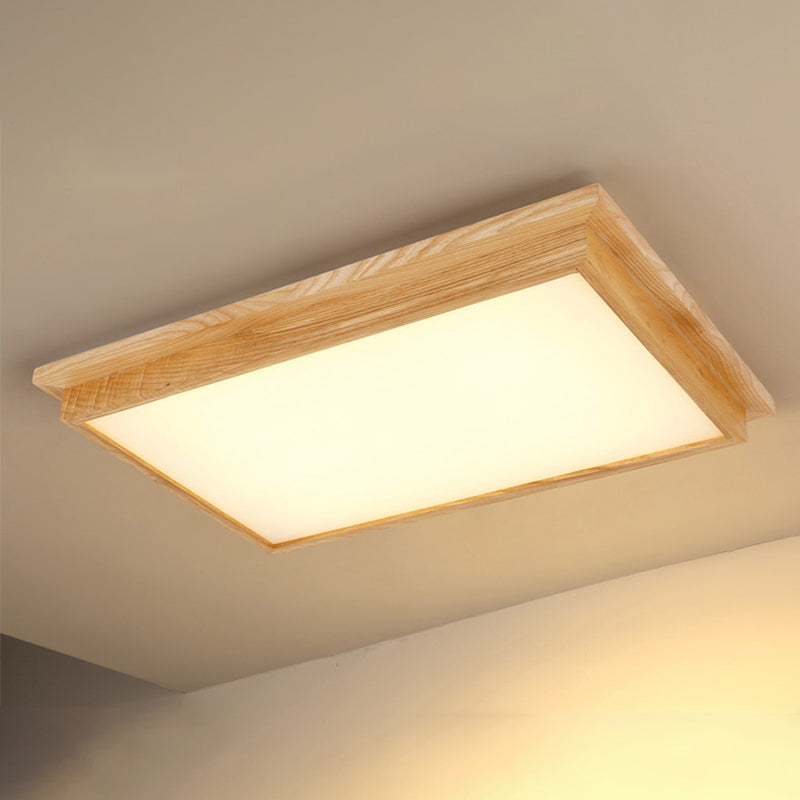 Minimalist Led Flush Mount Lighting With Ash Wood Design - Rectangle Living Room Ceiling Lamp 1 /