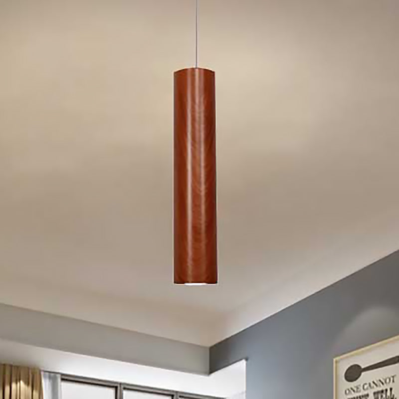Modern Metal Brown Cylinder Ceiling Light With Wood Grain Shade - Warm/White Pendant For Living