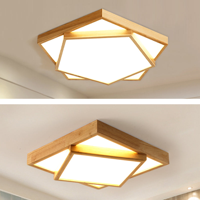 Nordic Led Wood 2-Tier Flush Light: Bedroom Ceiling Mounted Acrylic Lamp