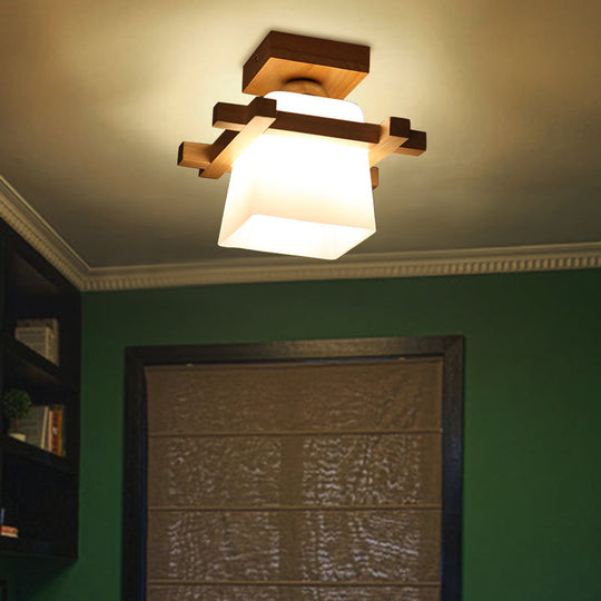 Semi Flush Wood Ceiling Lamp With Hand - Blown Milk Glass Shade For Balcony