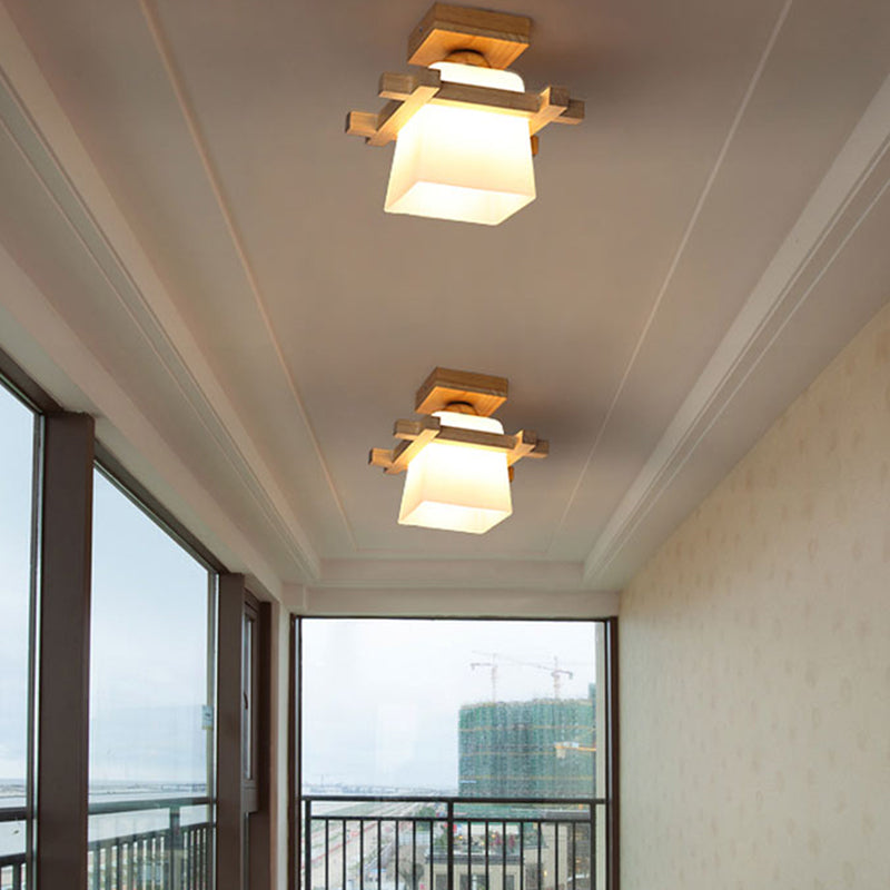 Semi Flush Wood Ceiling Lamp With Hand - Blown Milk Glass Shade For Balcony