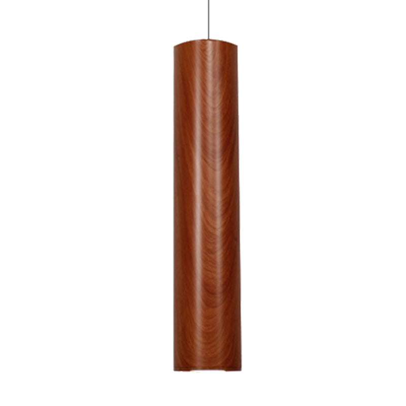 Modern Metal Brown Cylinder Ceiling Light With Wood Grain Shade - Warm/White Pendant For Living