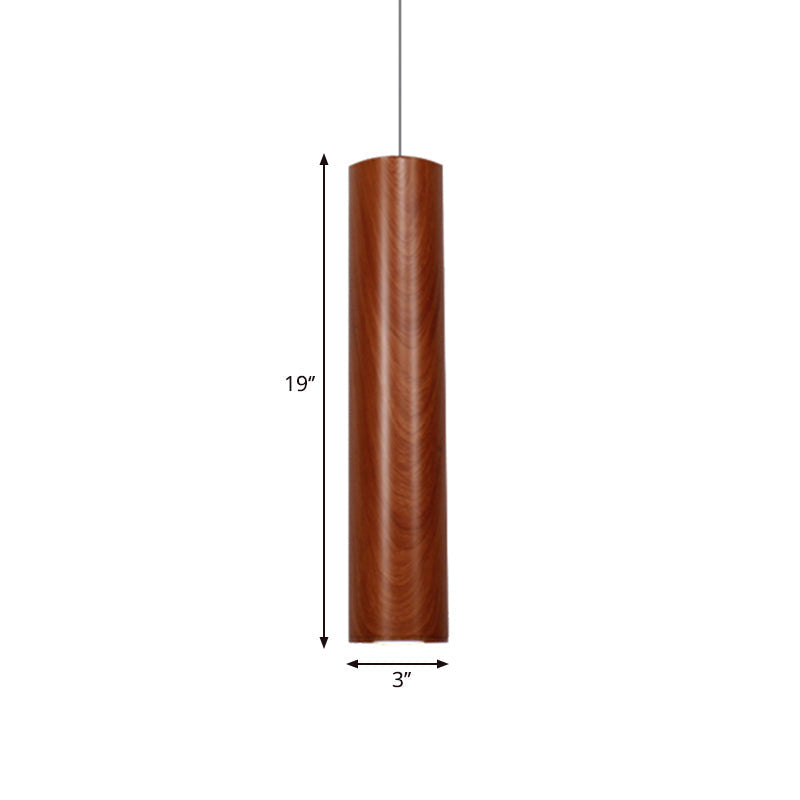 Modern Metal Brown Cylinder Ceiling Light With Wood Grain Shade - Warm/White Pendant For Living