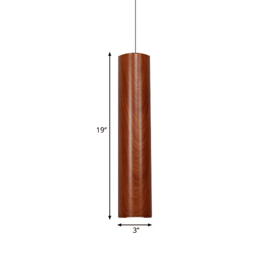 Modern Metal Brown Cylinder Ceiling Light With Wood Grain Shade - Warm/White Pendant For Living