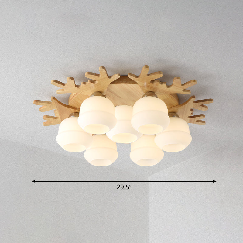 Nordic Wood Flush Mount Ceiling Light With Opal Glass & Antler Decor 7 /