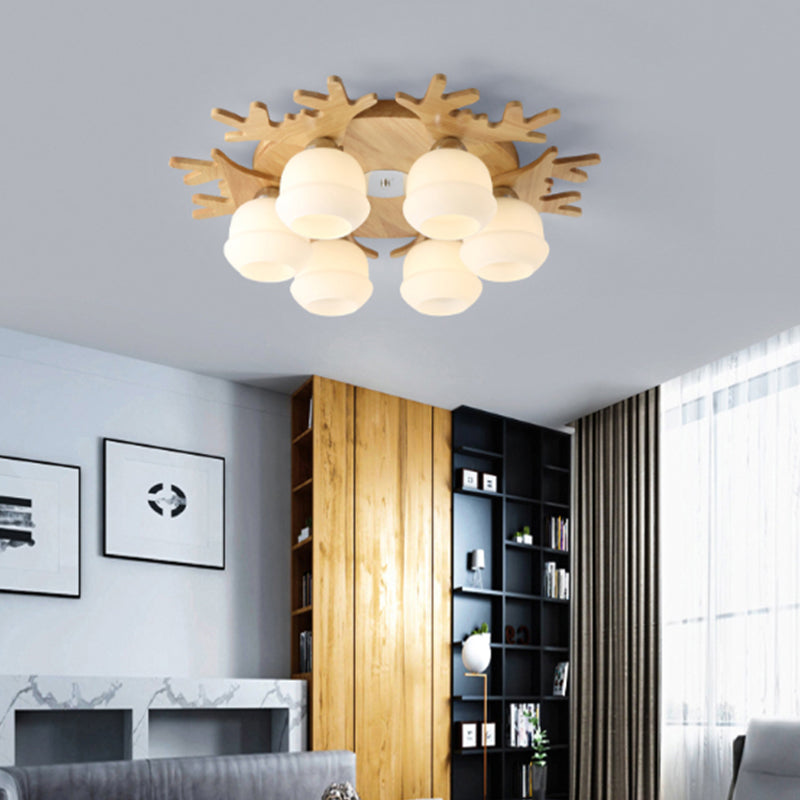 Nordic Wood Flush Mount Ceiling Light With Opal Glass & Antler Decor 6 /