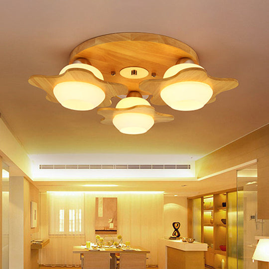 Modern Ivory Glass Flower Ceiling Light With 3 - Head Flush Mount For Bedroom In Wood Finish