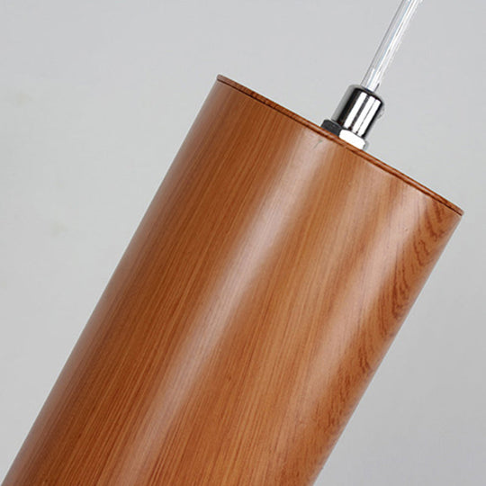 Modern Metal Brown Cylinder Ceiling Light With Wood Grain Shade - Warm/White Pendant For Living