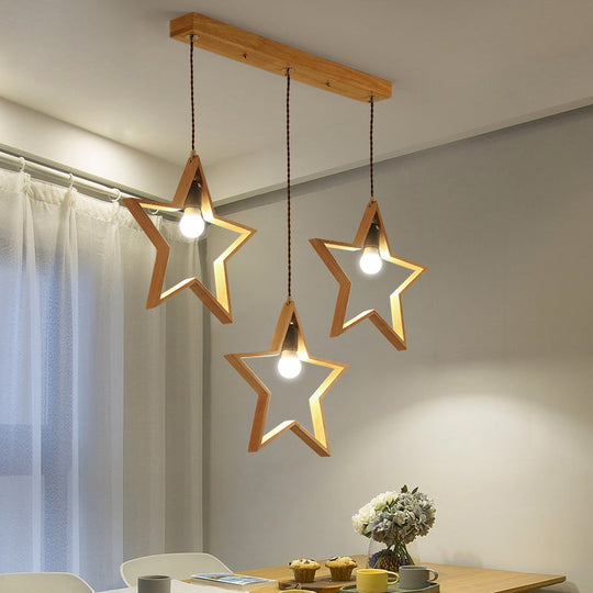 Nordic Style Wooden 3-Light Star Pendant For Restaurants - Multi Hanging Light Fixture Wood