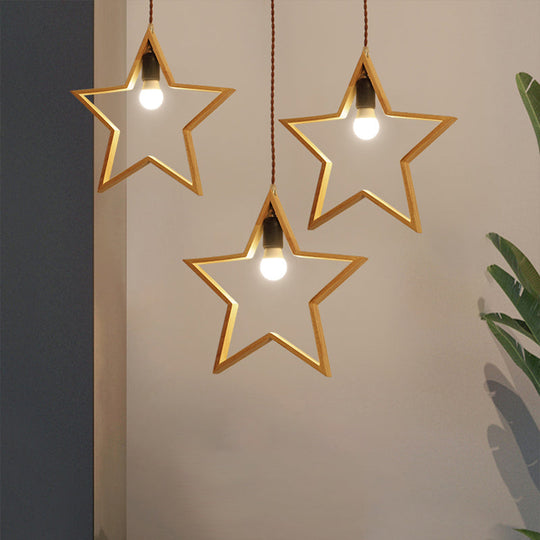 Nordic Style Wooden 3-Light Star Pendant For Restaurants - Multi Hanging Light Fixture